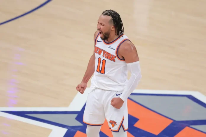 Jalen Brunson celebra durante la victoria de los Knicks por 115-104 en tiempo extra sobre los Cavaliers en el Juego 1 el 19 de mayo de 2026 en el Garden.Brad Penner-Imagn Images