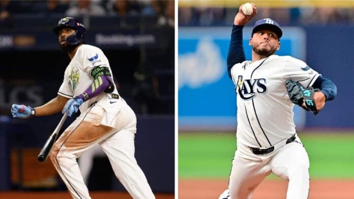 Expandir imagenLos Rays llegan a la Serie Mundial con enorme peso dominicano Junior Caminero (i) y Freddy Peralta fueron fundamentales en el éxito de los Rays en 2026. (MIKE STOBE / JULIO AGUILAR / GETTY IMAGES VIA AFP)
